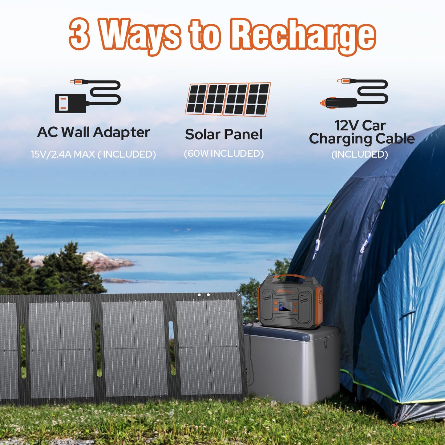 300W Portable Solar Power Station Generator with Foldable 60W Solar Panel Charger, 120W 110V Portable Power Bank with AC Outlet for Camping RV Van Home Outdoor Adventure Backup with USB C