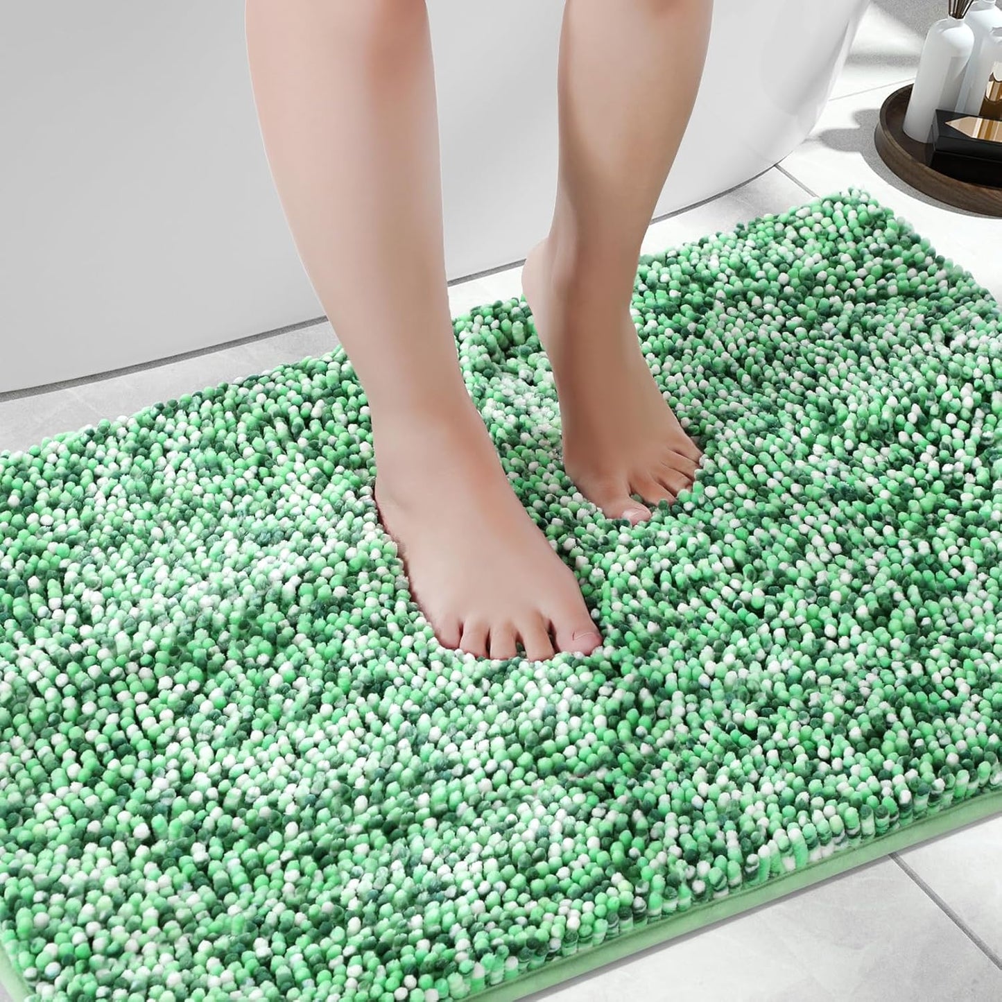 Yimobra Luxury Bathroom Rugs, 47x24, Extra Soft Chenille Mats for Bathroom Non Slip, Fluffy Long Matts for Tub, Plush Shaggy Carpet Runner, Water Absorbent, Machine Washable, Light Green & Green