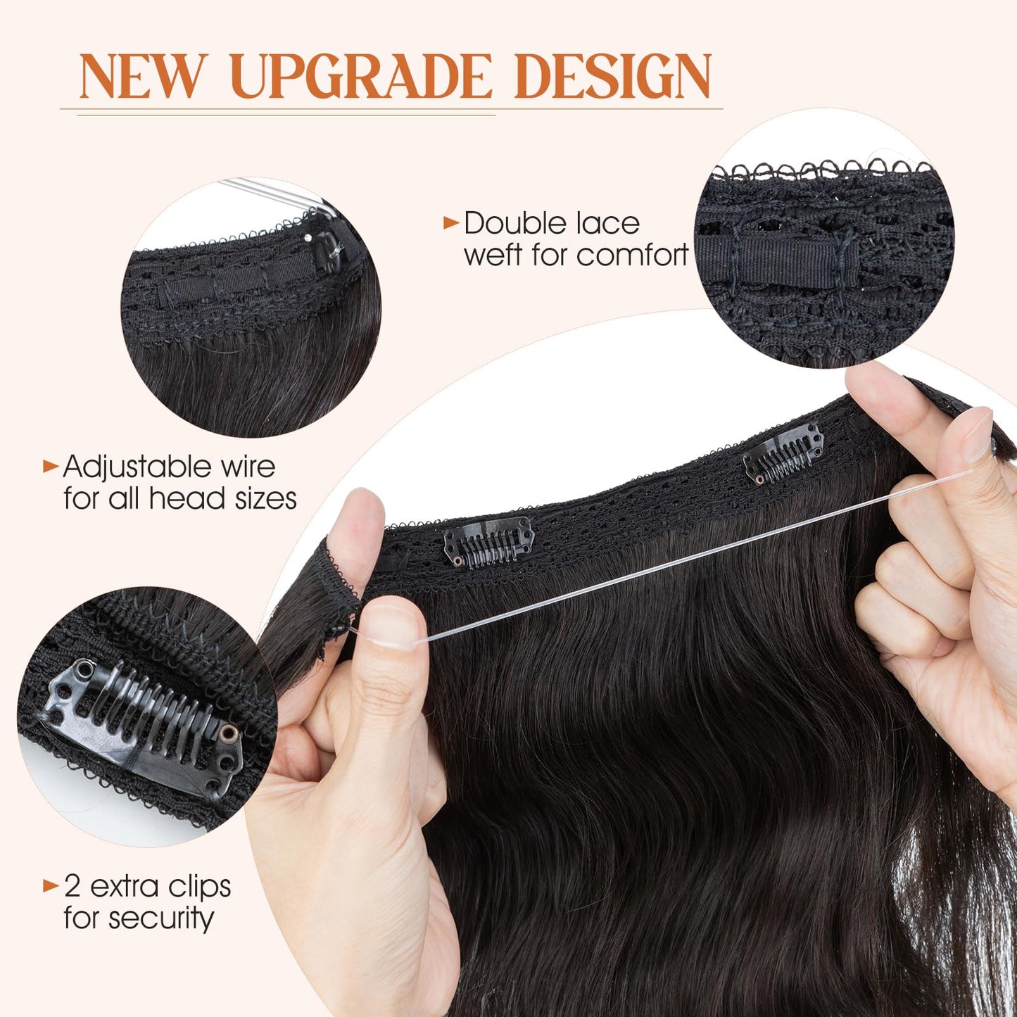 S-noilite Wavy Halo Hair Extensions Real Human Hair,20Inch Invisible Wire Hair Extensions,2 Clips Halo Extensions for Women(Natu
