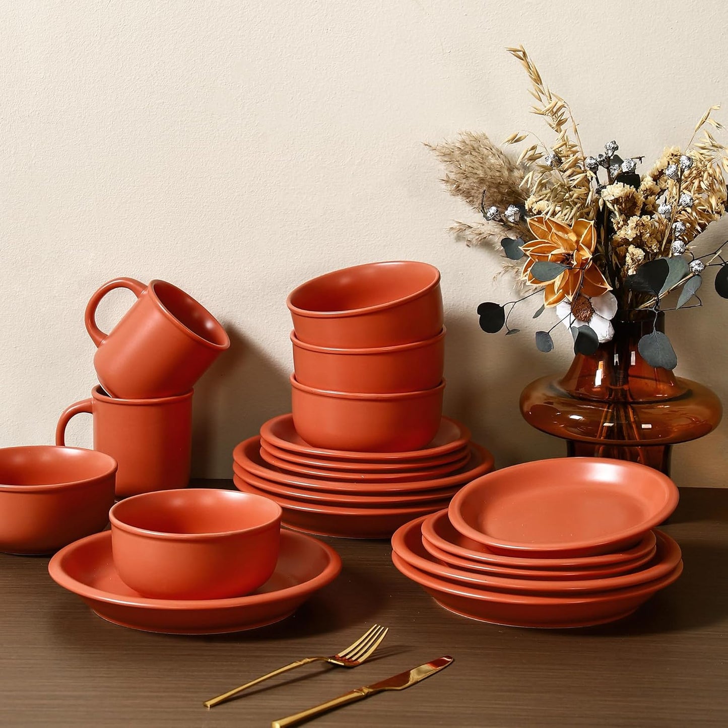GZG Vintage Series - Ceramic Dinnerware Set for 8, 24 Pieces Stoneware Plates and Bowls Set, Lead-Free, Handcrafted Dishes Set, Microwave & Dishwasher Safe - Terracotta Red