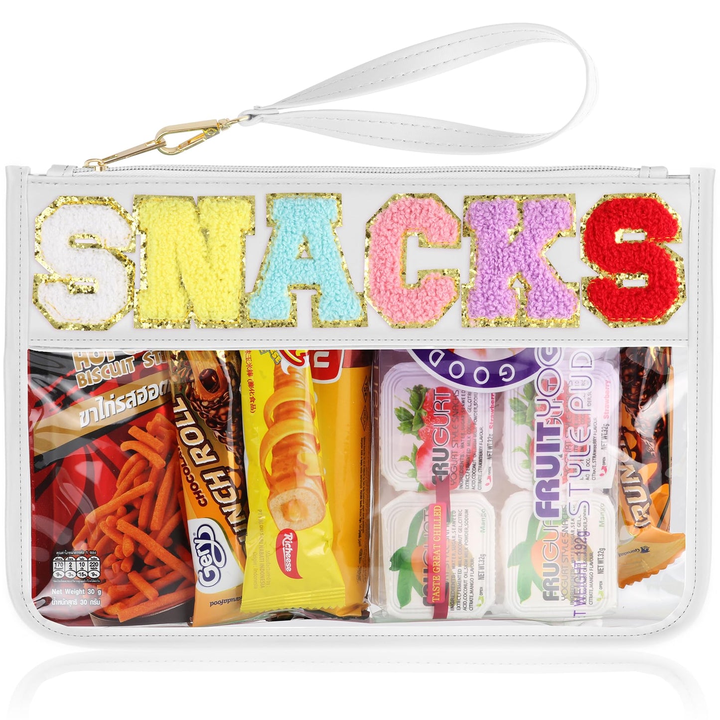 Snack Bag for Travel - Clear Chenille Varsity Letter Flat Pouch with Zipper, Waterproof Clear Nylon Preppy Patch Makeup Cosmetic tote Bags for Women Girls