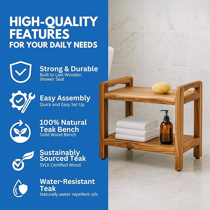 EcoDecors Eleganto 24 Inch Natural Color Waterproof Teak Wood Shower Bench Stool Seat Chair For Inside Shower Provides Safety, Storage, and Organization For Bathroom Accessories