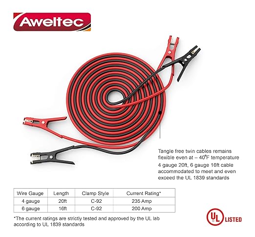 Jumper Cables,Heavy Duty 6 Gauge 16 Feet Battery Cable for Car, Booster Battery Wires with Alligator Clips,Carrying Bag,Safety Gloves and Iron Brush for Cars Truck