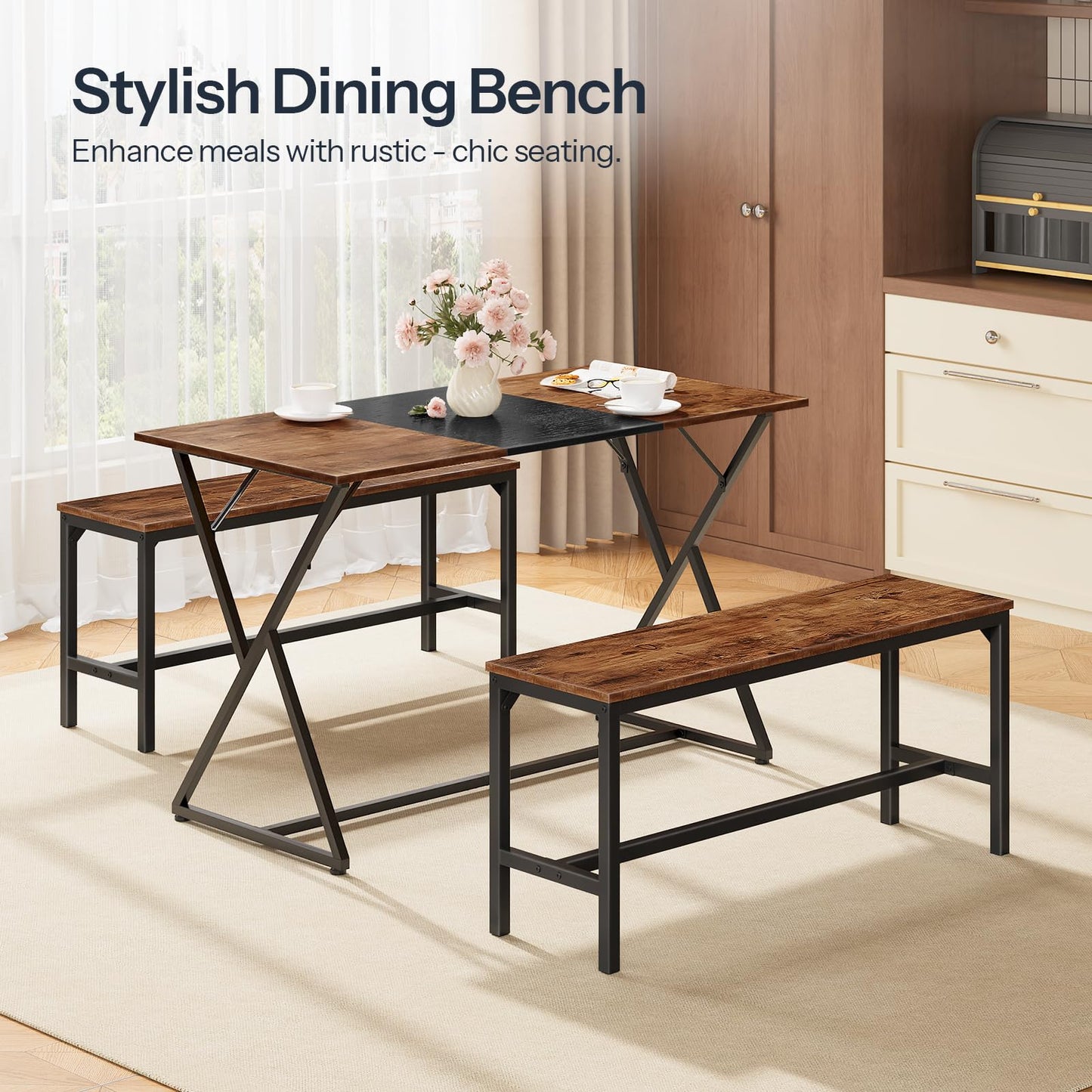 HOOBRO Dining Benches, Pair of 2 Industrial Kitchen Table Benches, Wooden Indoor Benches, Durable and Stable, for Dining Room, Kitchen, Living Room, Bedroom, Rustic Brown BF02CD01