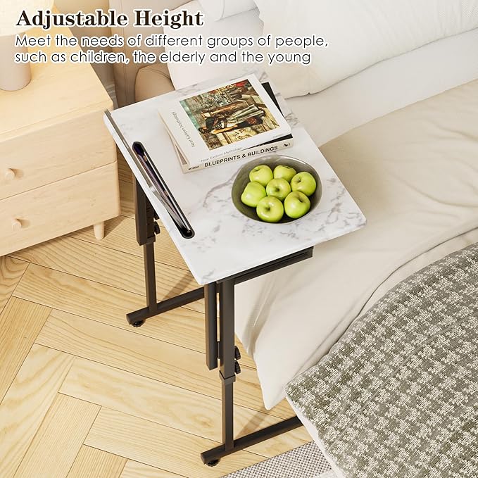 Fleecy day TV Tray, Folding TV Dinner Table, Adjustable Small C-Shaped End Tray for Eating, Foldable Slide Under Couch Side Table for Recliner, Living Room,No Assembly Required(White Marble,2Pcs)