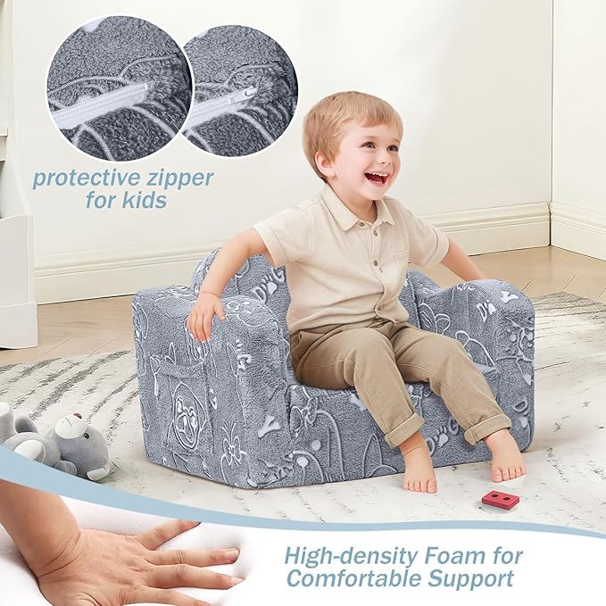 MeMoreCool Glow-in-The-Dark Toddler Sofa Bed – 2-in-1 Convertible Chair & Nap Lounger, Dog Print, Lightweight, Washable for Kids Room | Plush Foam Comfort | Portable Playroom Couch