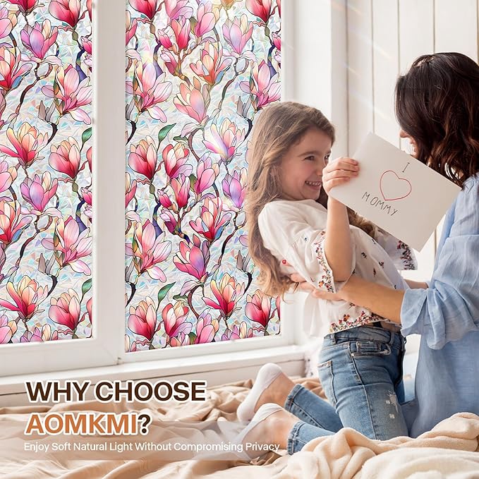 Stained Glass Window Film UV Resistant Window Privacy Film Pink Floral Privacy Rainbow Decals Living Room Bedroom Sun Blocking Decor Removable Static Cling Stickers 17 x 39.37 Inch