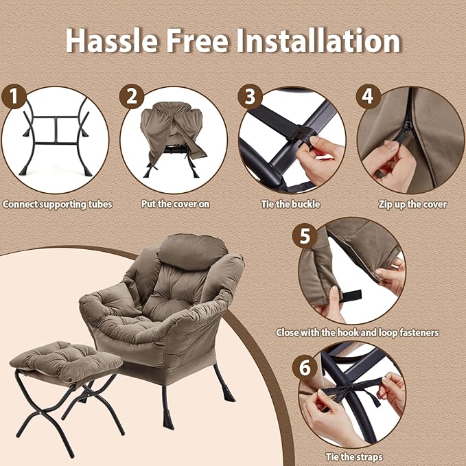 Youtanic Lazy Chair with Folding Ottoman, Accent Chair Velvet Upholstered with Metal Structure and Non-Slip Pads, Sofa Armchair with Footrest and Side Storage Bag for Dorm, Room, Office, Dark Gray