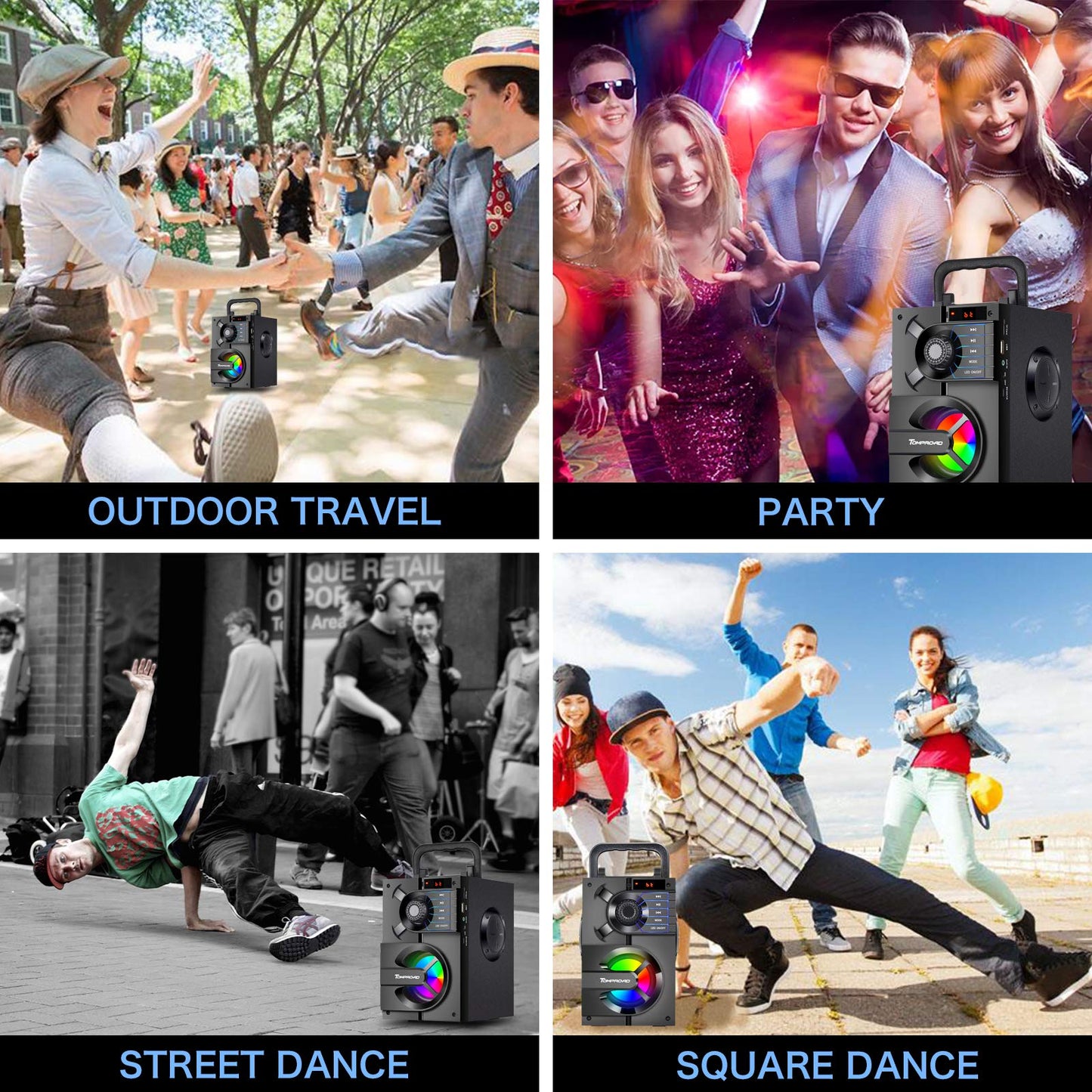 TOMPROAD Bluetooth Speaker, Portable Bluetooth Speakers with Subwoofer Wireless Stereo Sound Rich Bass Outdoor Party Speakers Support Remote Control FM Radio LED Lights