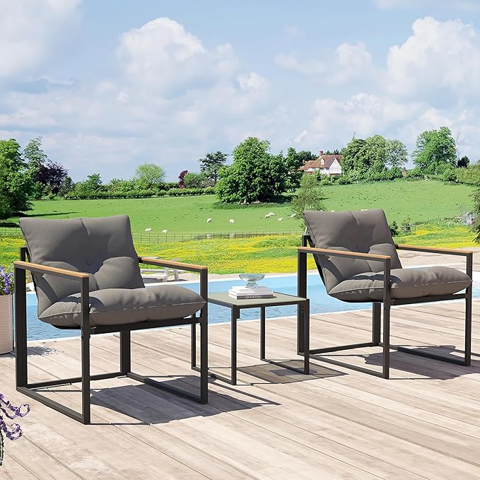 3 Piece Patio Bistro Set, Small Outdoor Furniture with Heat-Resistant Wood Armrests & Breathable Textilene Chairs, Glass Side Table & Thick Cushions for Apartment Balcony, Porch, and Garden (Gray)