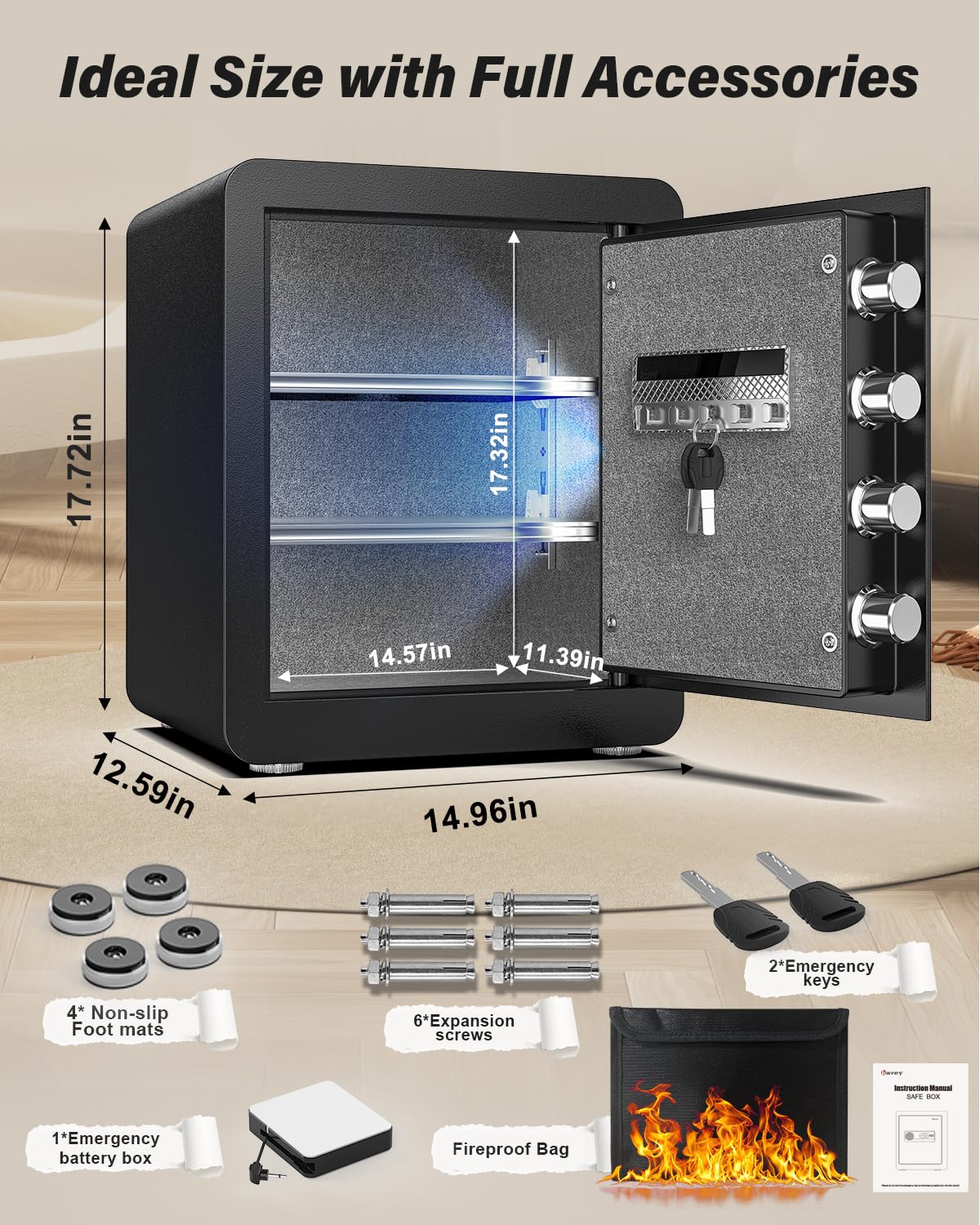 Kavey 2.0 Cub Biometric Safe Box, Fingerprint Safe with Backlit Touch Screen Keypad and Dual Alarm System, Steel Security Lock Box With Mute Function and LED Light, 12.59"D x 14.96"W x 17.72"H