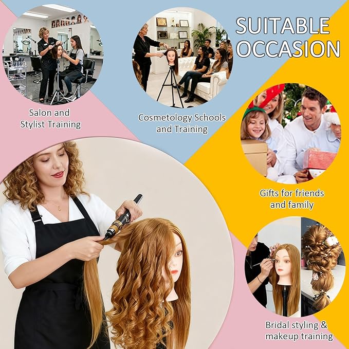 Mannequin Head Human Hair for Cosmetology, Manikin Head with 80% Real Hair for Styling Doll Head Braiding Practice Black Mannequin Heads Hairdresser Hairstylist Kids with Free Clamp Holder