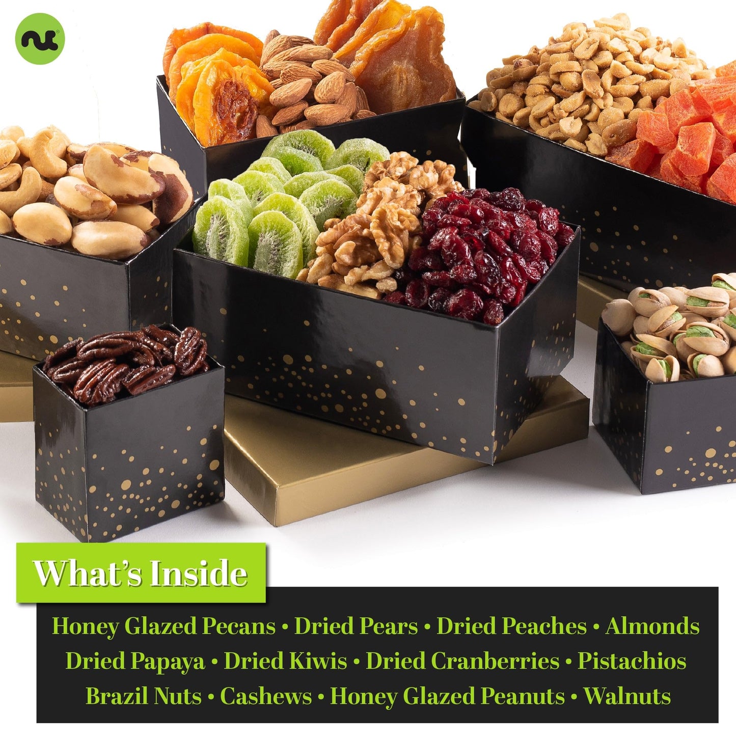NUT CRAVINGS Gourmet Collection - Happy Birthday Treats, Nuts & Dried Fruits Tower Gift Basket with Bday Ribbon (12 Assortments) Food Arrangement, Healthy Snack Care Package, Food Assortments