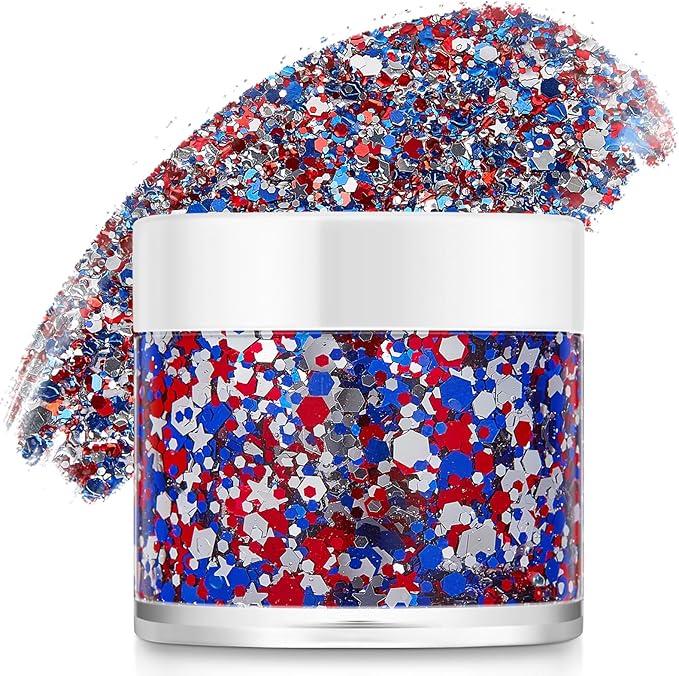 Red White Blue USA Flag Face Body Glitter, Pride Glitter Gel for Hair Nail Art, Holographic Chunky Sequins for Independenc...