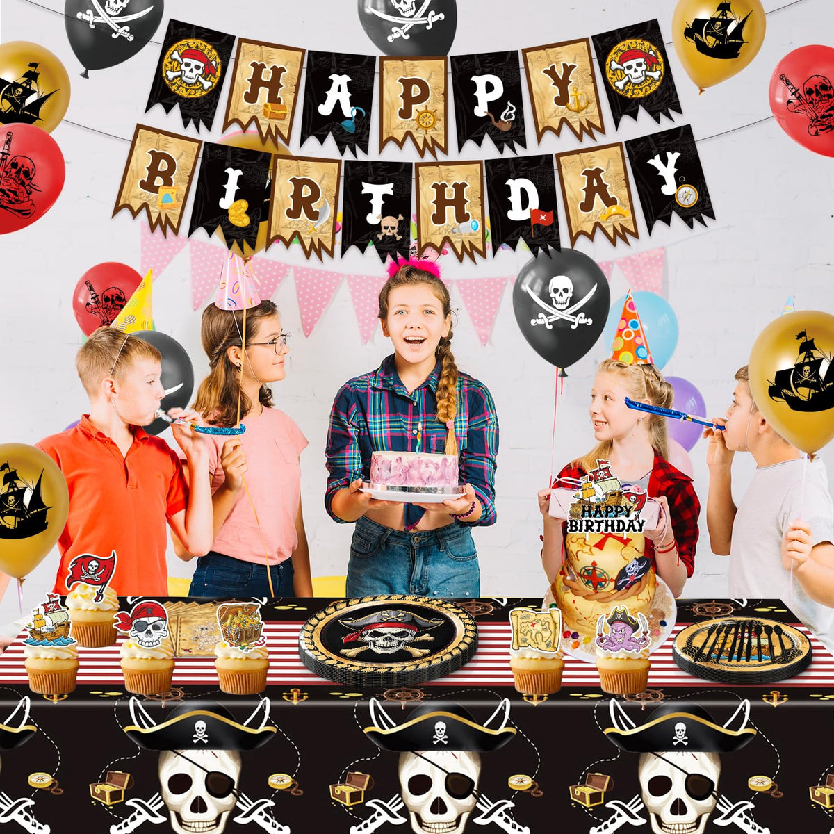 Heidaman 120Pcs Pirate Party Decorations，Pirate Birthday Decorations,Pirate Themed Party Decorations,Set Include：Balloons,Backdrop,Banner, Cake Toppers，Plates And Napkins，Tableware, Tablecloth