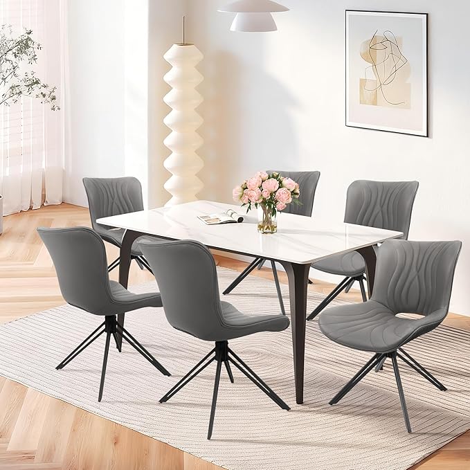 VATROS Dining Chairs Set of 6, 360° Swivel Upholstered Mid-Century Modern Kitchen Dining Room Chairs, Armless Faux Leather Accent Side Chair with Padded Back, Metal Legs for Living Room Bedrooms,Grey