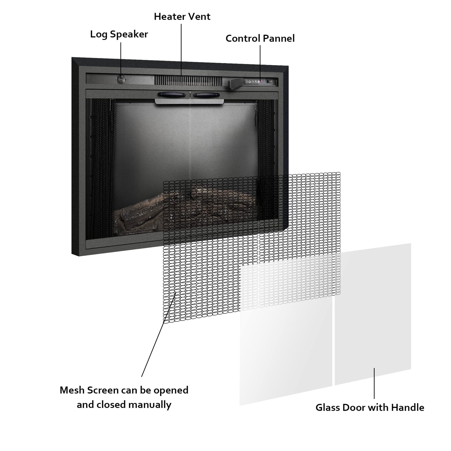 Benrocks 36” Electric Fireplace Inserts with Glass Door and Mesh Screen, Multicolor Flames & Fire Crackling Sounds, Timer, Overheating Protection Fireplace Heater, 750/1500W