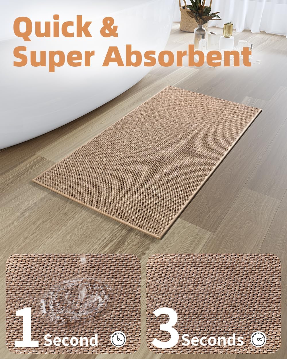 PADOOR Non-Slip Bath-Mats for Bathroom, Rubber-Backing Braided Absorbent Bathroom Mat Machine Washable Thin Bathroom Rugs Fit Under Door Quick Dry Bath Rugs for Floor, 17''x30'' Beige