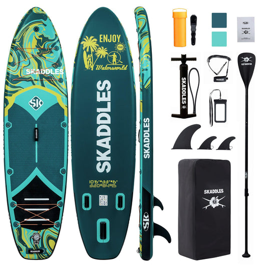 SKADDLES 10’6’’ Inflatable Stand Up Paddle Board (SUP) for Adults and Youth with Non-Slip Deck – Complete Accessories Kit, Perfect for Fishing, Yoga, Fitness & Family Fun (Dark Green Water Ripple)