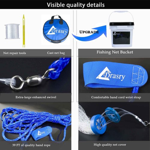 Drasry 3/8 Saltwater Fishing Cast Net for Bait Trap with Heavy Lead Sinkers Fish Throw Net. Size 3ft/4ft/5ft/6ft/7ft/8ft/9ft Radius Freshwater(Mono Lines Cast Net, 9FT(270cm)