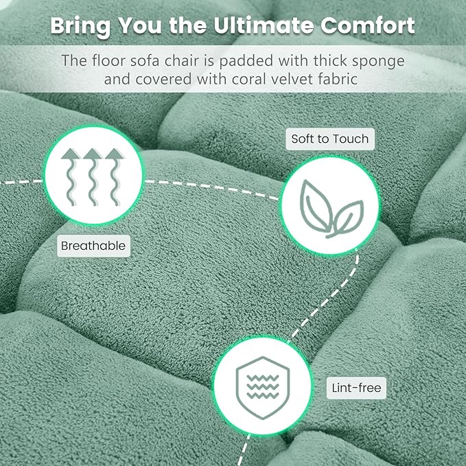 MAT EXPERT 14-Position Floor Chair, Floor Gaming Chair w/Soft Coral Fleece, Alloy Steel Frame, Padded Lazy Couch Recliner, Floor Chair with Back Support for Reading, Meditating (Green)
