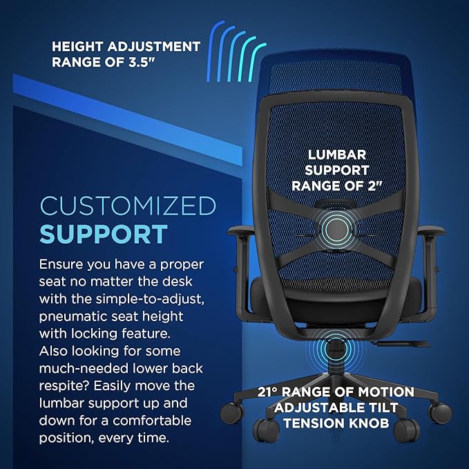 Tempur-Pedic ProTask Executive Task Office Chair with Mesh Back and Built-in Lumbar Support, Height-Adjustable Ergonomic Mesh Office Desk Chair, Black