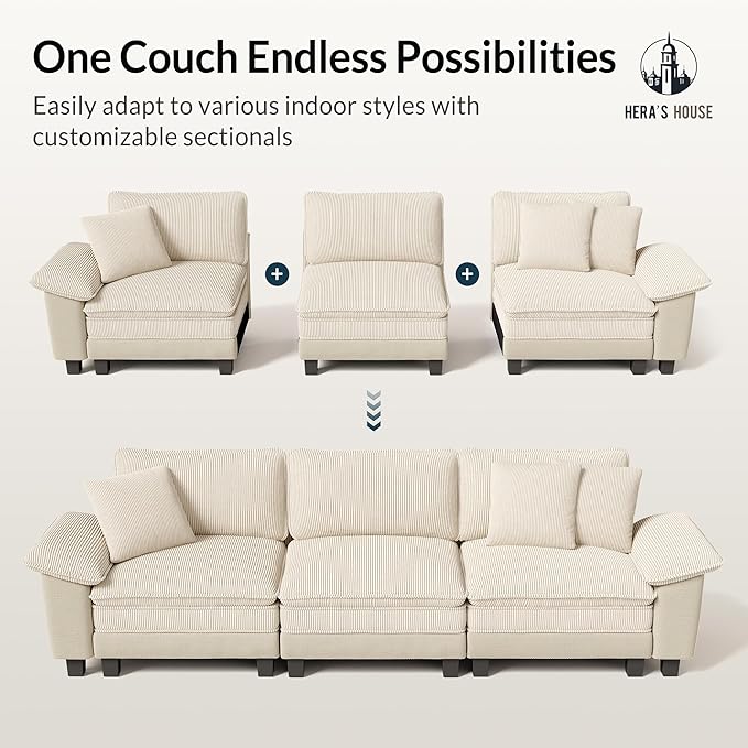 HERA'S HOUSE 158" Modular Sectional Sofa, Oversized U Shaped Couches for Living Room, Comfy Cloud Couch with Ottoman, 6-Seater Deep Seat Sofa with Throw Pillow, Corduroy and Chenille Beige