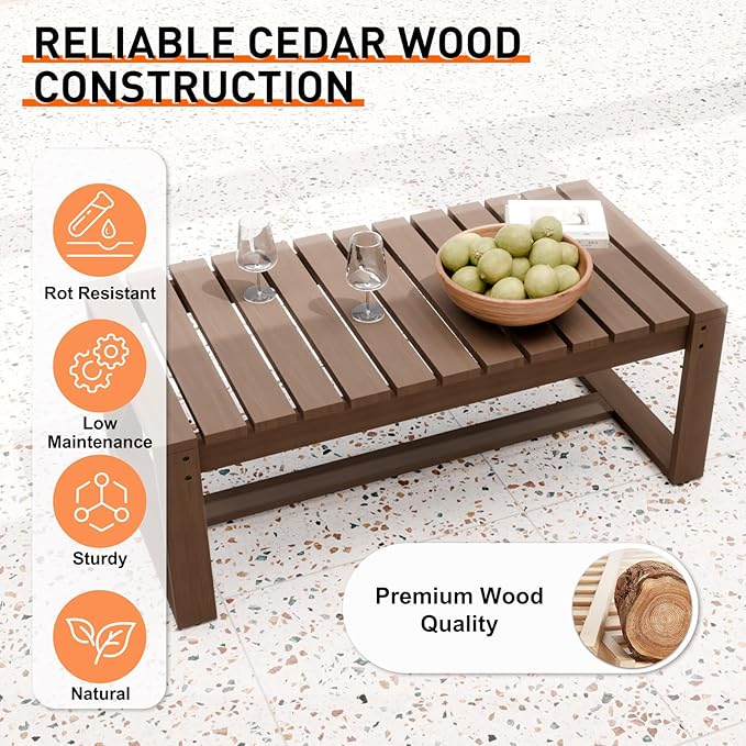 INTER HUT Rustic Hideaway Natural Cedar Wood Outdoor Furniture Set, Wicker Patio Conversation Set for Porch Garden Backyard, Couch and Coffee Table, 2 Piece, Brownish/Beige