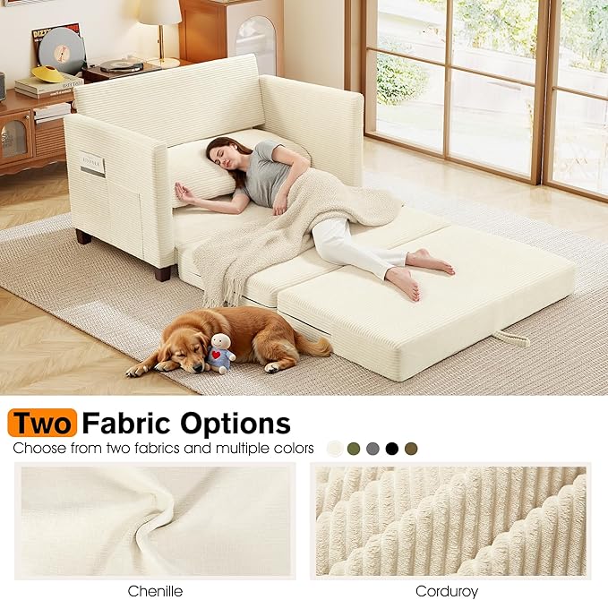 kakuboohi 51" Loveseat Sleeper Sofa Bed, Corduroy Convertible Floor Sofa Bed for Small Spaces, Folding Couch Bed with Deep Seat, 2 Pillows & Solid Frame, Pull Out Floor Couch for Living Room, Beige