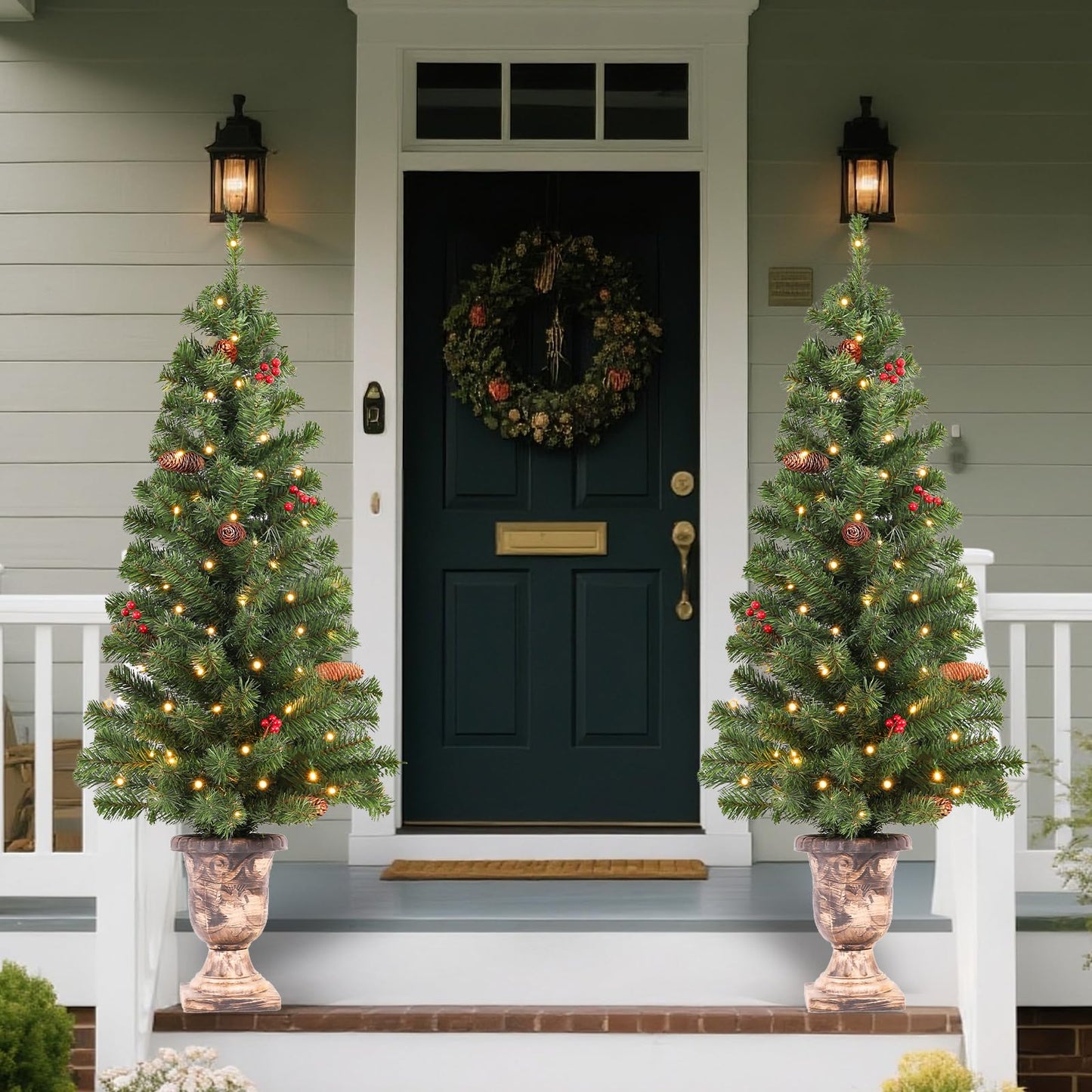 Santanelo 4FT Pre-lit Artificial Potted Christmas Tree with 50 LED Lights，Small Fake Spruce Tree,Xma Pine Cones Tree Decorated with 140 Branch Tips, Pine Cones&Red Berries, Plug in