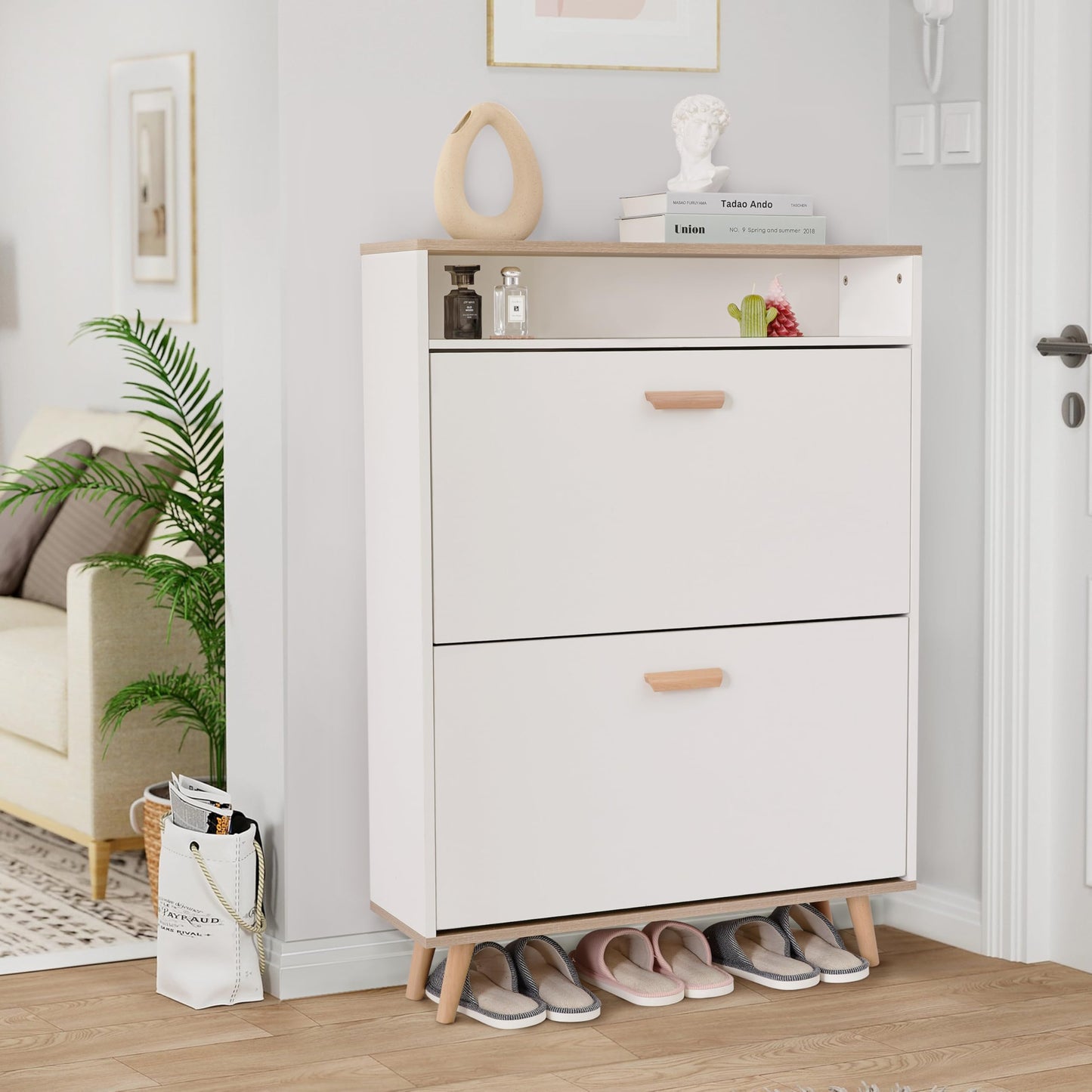 Slim Shoe Storage Cabinet with 2 Flip Drawers & Adjustable Shelves - Freestanding Entryway Shoe Organizer with Storage Compartment (Narrow Design with Legs)