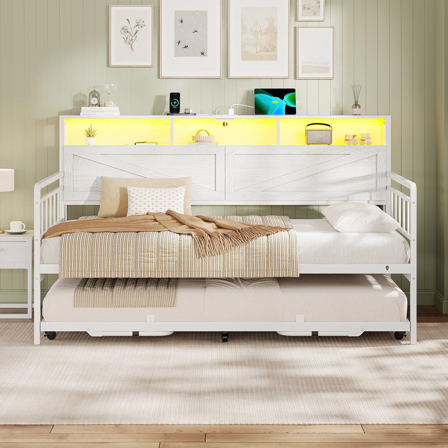 VIAGDO Day Bed with Trundle Bed Twin, Wood Day Bed with Hidden Storage Headboard, Farmhouse Daybed with Charging Station and LED Lights, Twin to King Daybed for Living Room, Guest Room, White