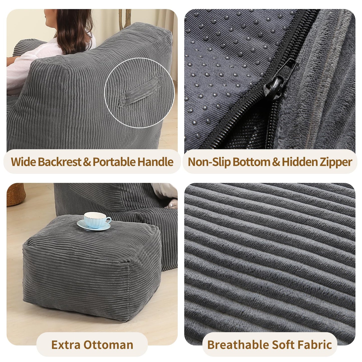 MOMCAYWEX Comfy Gaint Bean Bag Chair with Ottoman, Huge Bean Bag Armchair for Adults and Teens, Dark Grey