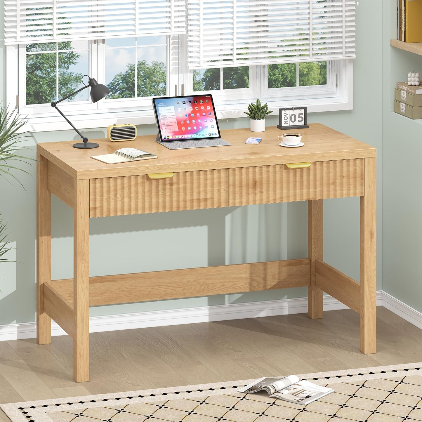 YOMILUVE Fluted Computer Desk with 2 Drawers, 39 Inch Small Computer Desk with Power Outlets, Compact Writing Study Desk for Small Spaces