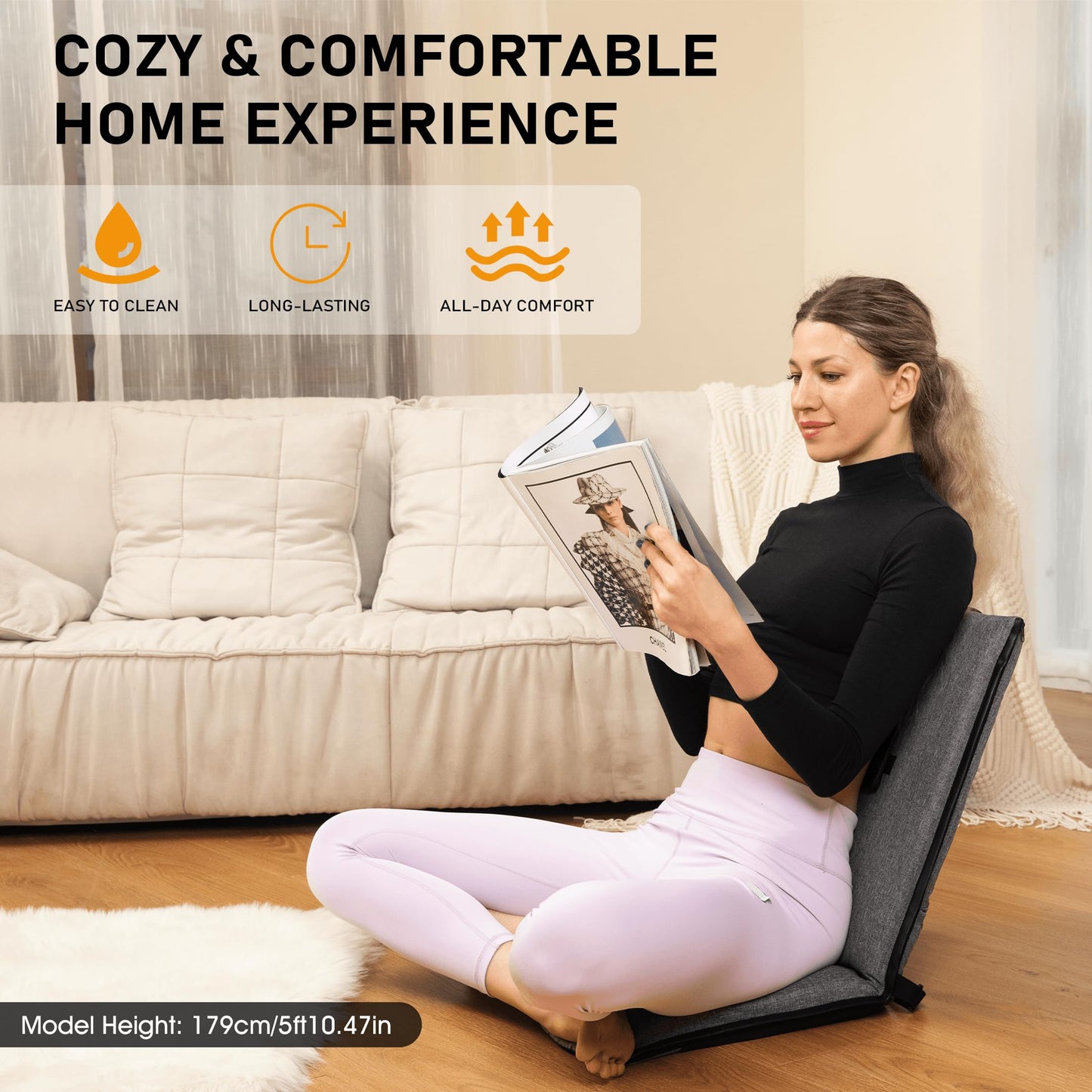 FASTMOMENT Floor Chair with Back Support 14-Position Adjustable Floor Chair Portable Ground Seating for Adults & Kids Foldable Meditation Seat with Japanese KOYO Bearings & Washable Linen Cover (Grey)