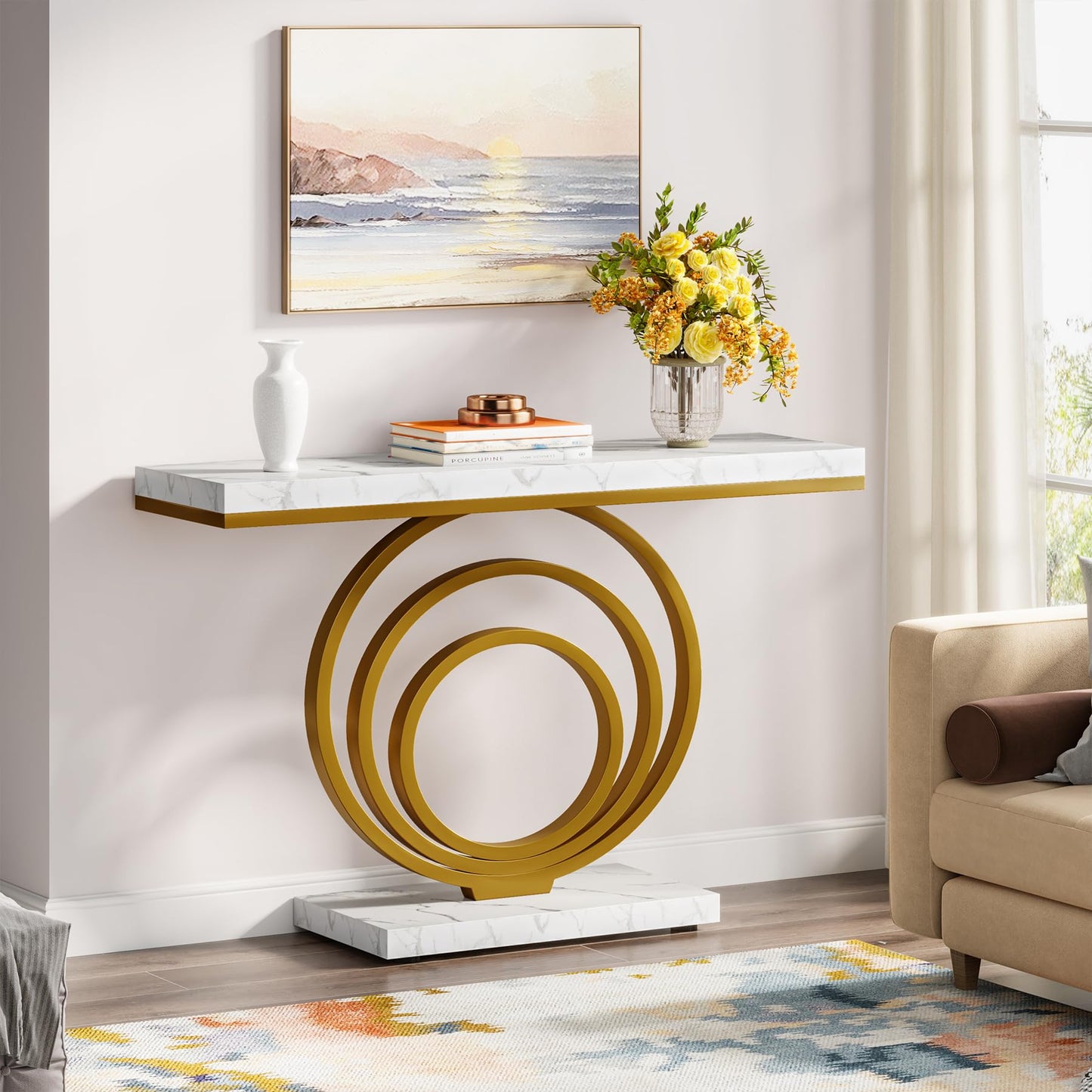 Tribesigns 41-Inch Gold Entryway Table, Modern Console Table Narrow Long, Contemporary Accent Table for Living Room, Hallway, Entrance, Faux Marble Veener Top