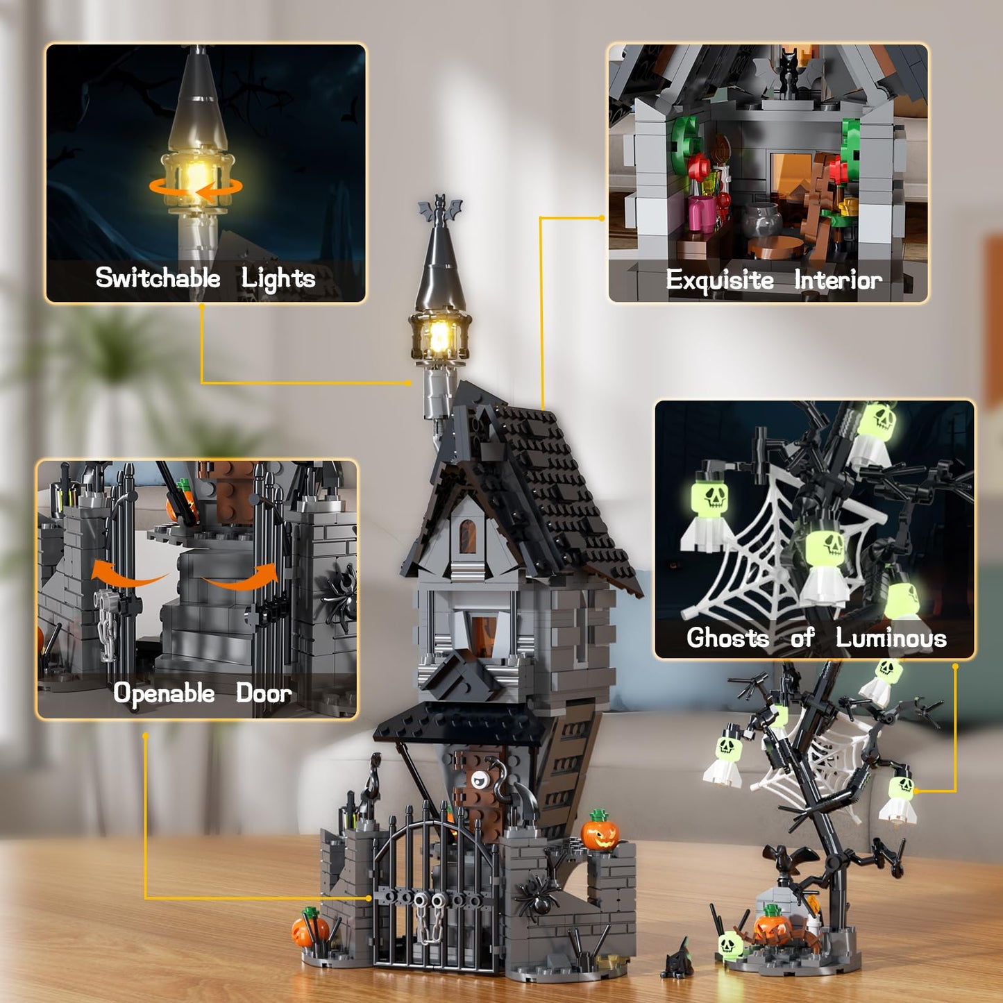 Tweandar Halloween Haunted Mansion Building Set,Before Xmas Haunted House Building Blocks Set with Light, Glow-in-The-Dark Pumpkins and Skeleton Ghosts, Halloween Toys Gifts for Adults & Kids