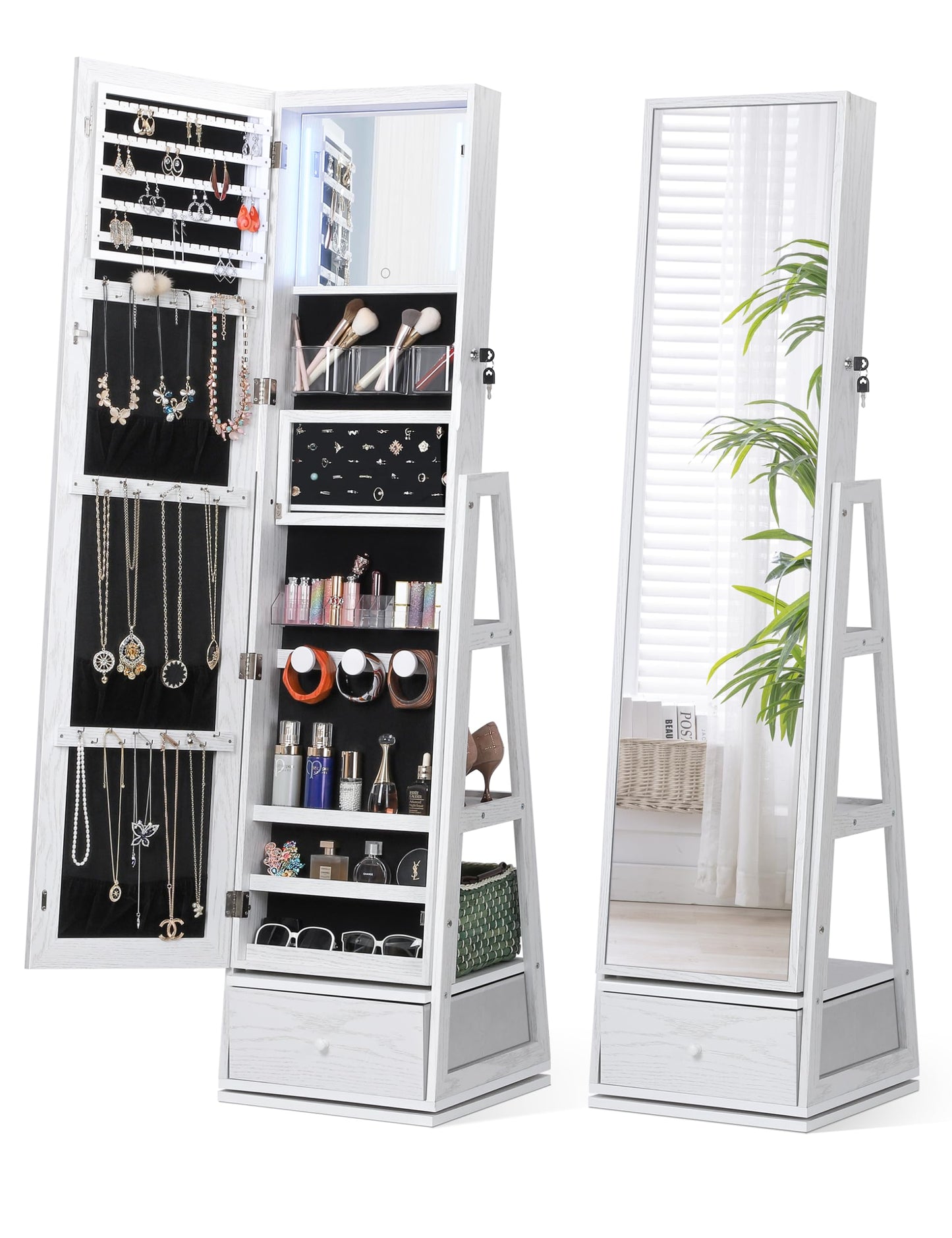 Nicetree 360° Swivel Jewelry Cabinet with Lights, Touch Screen Vanity Mirror, Rotatable Full Length Mirror with Jewelry Storage, Standing Jewelry Armoire Organizer, Foldable Makeup Shelf, Pure White