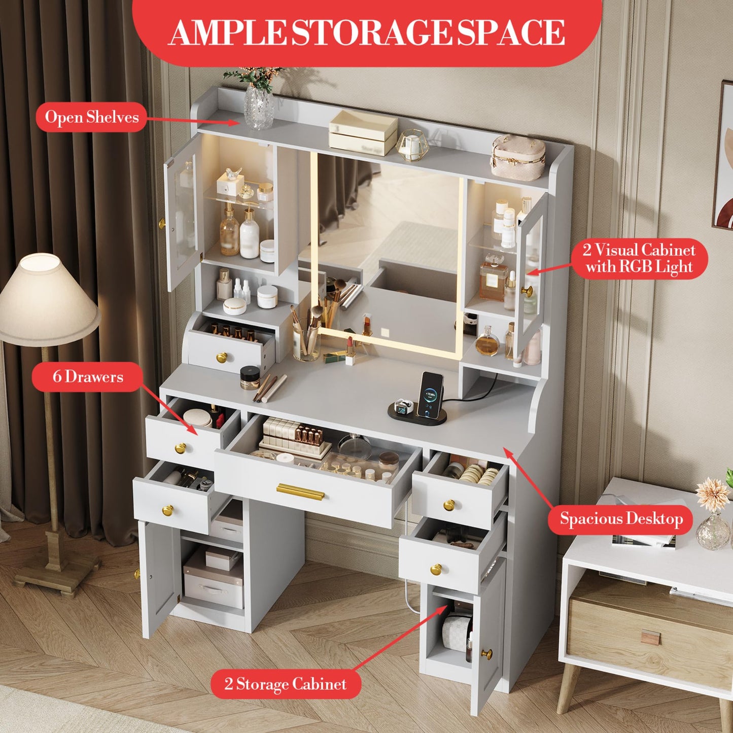 41" Vanity Desk with Mirror and Lights, Makeup Vanity with 6 Drawers, Storage Shelves, RGB Cabinets and 3 Lighting Modes Adjustable Brightness, Dressing Table with Charging Station for Bedroom- White