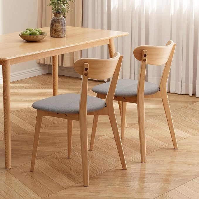 Grewood 100% Solid Oak Wood Dining Chairs,Mid Century Modern Dining Chairs with Upholstered Cushion,Kitchen,Dining Room Chairs Set of 2 (2, Original Color Grey Upholstery)
