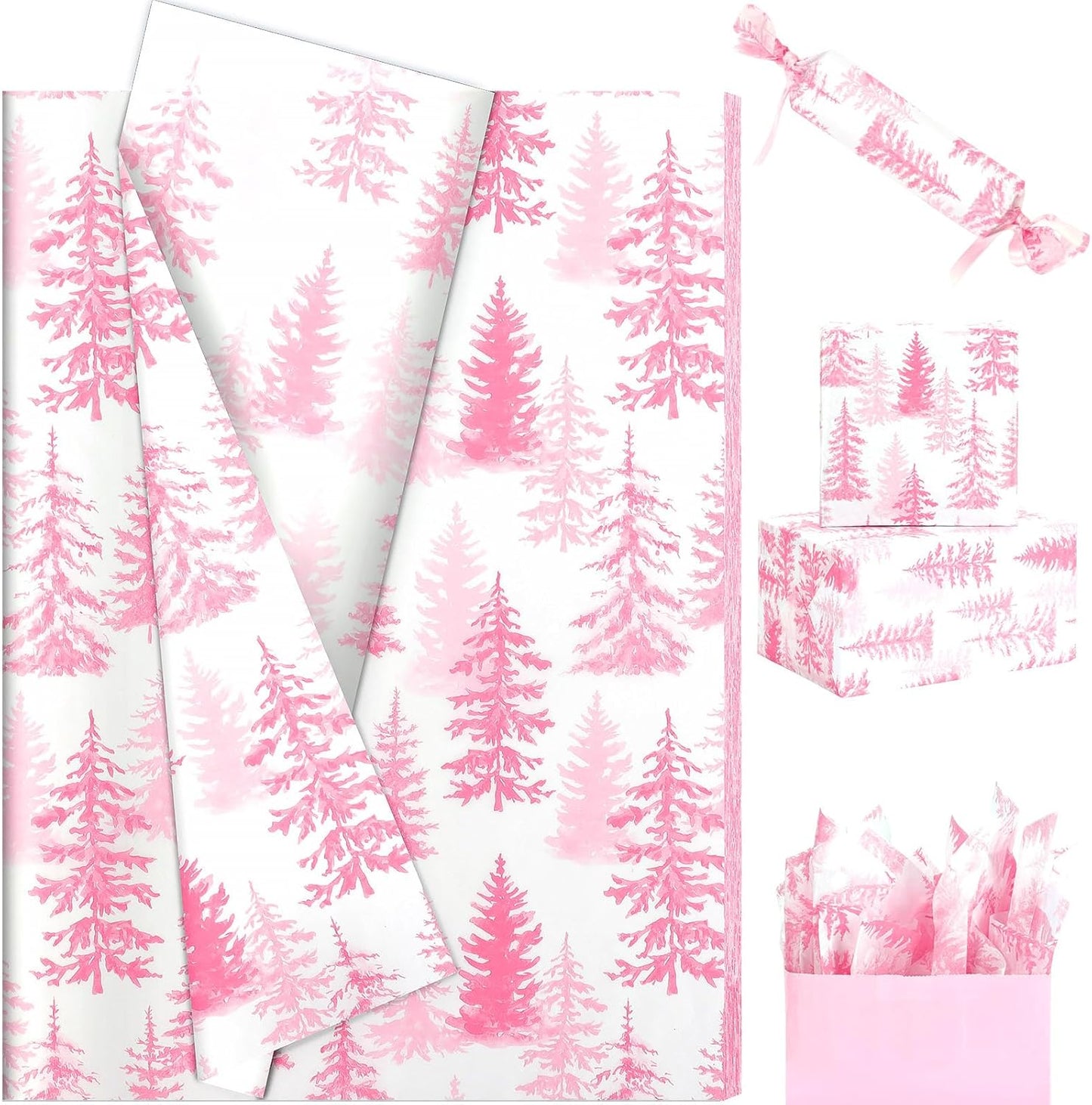 100 Sheets Christmas Tree Tissue Paper, 20x14in Forest Style Wrapping Tissue Watercolor Xmas Tree Art Tissue for Xmas Party Gift Bag Fillers Winter Party Decor (Pink)