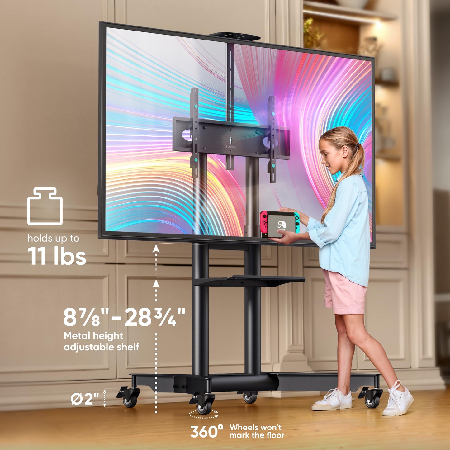 ONKRON Mobile TV Stand on Wheels for 32-75 Inch Screen, max Load 132 lbs, Height Adjustable TV Portable Stand, max VESA 600x400, Movable TV Cart Rolling TV Stand with Shelf, Lockable Wheels Black