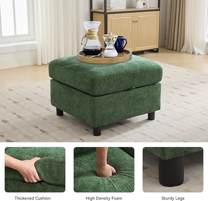 WUTUTUEE 25”Square Storage Ottoman Module for Modular Sectional Sofa, Living Room Coffee Table Sectional Ottoman Footrest for Convertible Couch, Chenille Dark Green