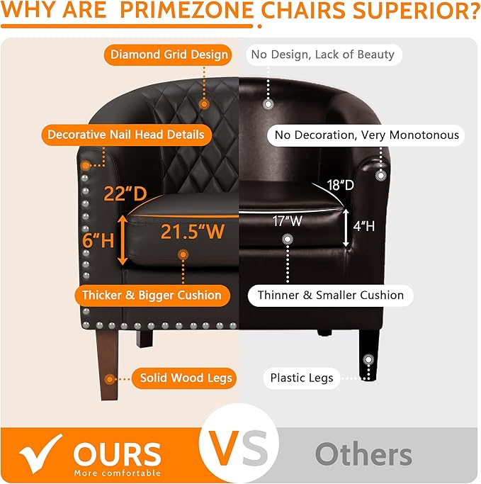 PrimeZone Barrel Chair, Comfy Accent Chair, Faux Leather Living Room Chairs Club Chairs with Cushion, Nailhead Trim and Diamond Mesh Backrest, Reading Chairs for Bedroom Waiting Room, 4PCS, Brown