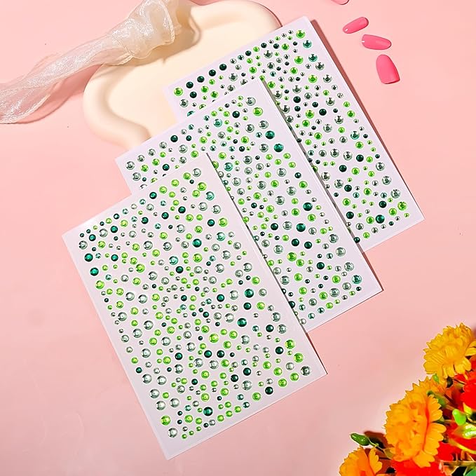 975PCS Gem Stickers Jewels for Crafts Face Gems 3/4/5/6MM Hair Nails Craft DIY Decor Makeup Stick on Body Crystal Clear Crystal Face Jewels for Women Face Gems 3Sheets (Geen)