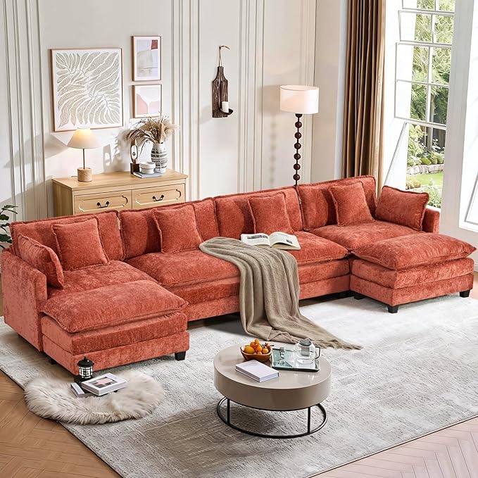 SoarFlash 149.61" Chenille Sectional Sofa, Comfy U Shaped Modular Coush Sofa with Ottoman, Modern 4 Seat Couch Deep Seat Sofa Set for Living Room,Orange