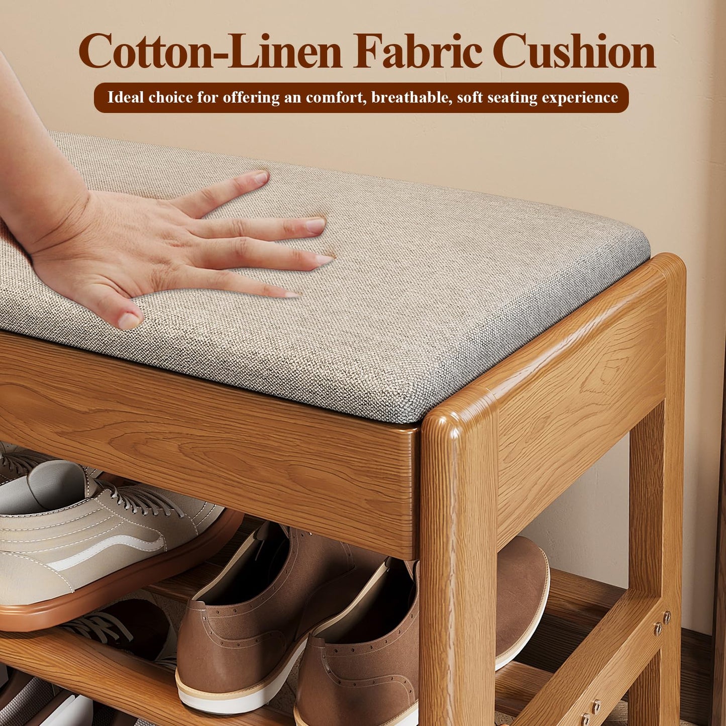 IUNVR Shoe Rack Bench with Cotton-Linen Cushion 2-Tier Wooden Storage Bench 550lbs Compact Simple & Modern Design for Entryway, Hallway, Bedroom, Living Room, Closet, Front Door Entrance, Foyer
