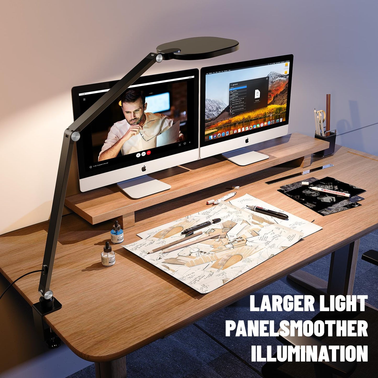 Led Desk Lamps for Home Office, Eye-Care Architect Light with Clamp, Dimmable Zoom Lighting with 3 Color Modes & 10 Brightness, Smart Computer Ring Light for Video Calls, Conference, Reading