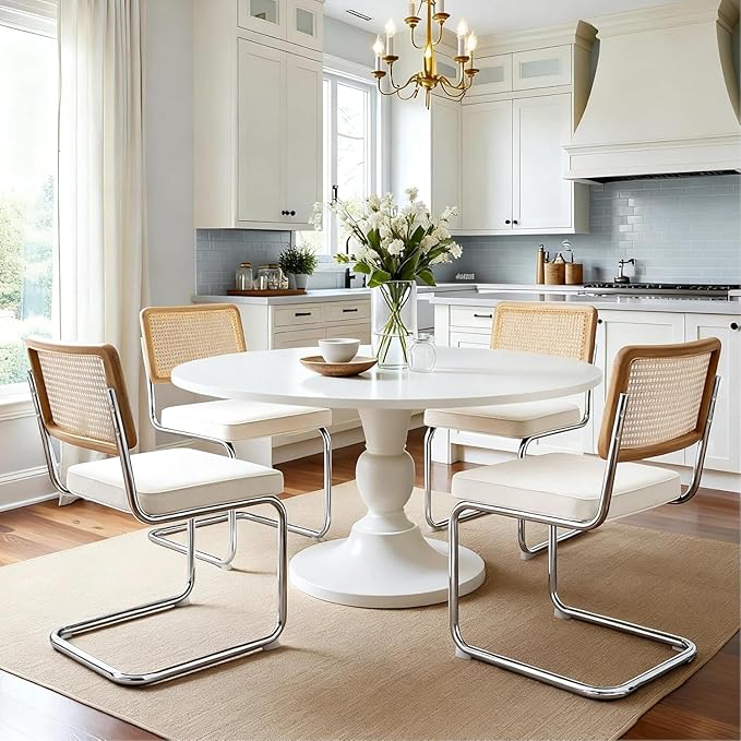 Zesthouse Natural Rattan Dining Chairs Set of 2, Modern Dining Room Chairs with Solid Wood Back for Kitchen Living Room, Mid Century Breuer Design Inspired, Upholstered Velvet Fabric, White