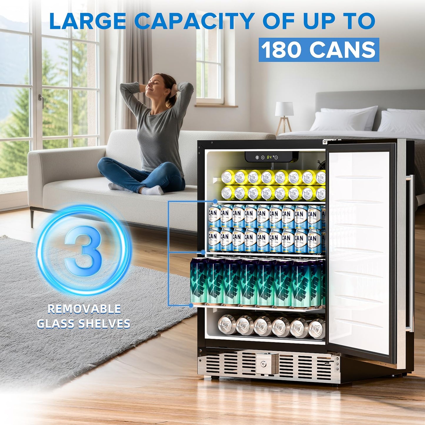 Antarctic Star 24 Inch Outdoor Beverage Refrigerator, 180 Can Stainless Steel Mini Fridge, Undercounter Built-in or Freestanding, Fast Cooling Low Noise Wine Cooler for Home Patio, 32-50°F